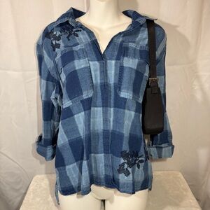 MM Vintage Blue Plaid Embroidered Button Up Shirt Cotton L